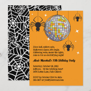 Convite Disco Aranhas Halloween Orange Retro Festa