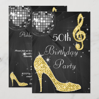 Convite Disco Ball and Heels Black & Dourado 50º aniversár