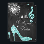 Convite Disco Ball and Heels Black & Teal 50th Birthday<br><div class="desc">As mulheres personalizadas, elegantes e personalizadas 50ª celebrações de festa de aniversário. Bonitas modelos pretas, prateadas, teais e brancas de dupla face para convites de 50/50 anos / 50 anos de idade com uma bola de espelho retrodisco funky, imagens impressas glamourosas/brilhantes de diamantes, sequelas, joias brilham saltos altos calçados, e...</div>
