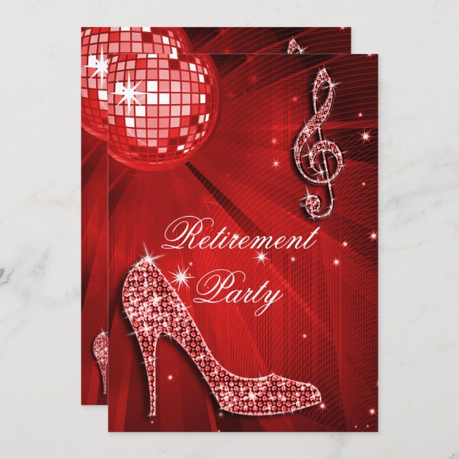 Convite Disco Ball and Sparkle Heels Red Retirement (Frente/Verso)