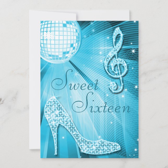 Convite Disco Ball and Sparkle Heels Sweet 16 Light Blue (Frente)