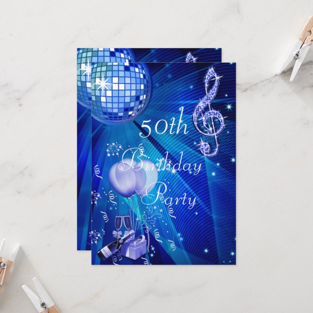 Convite Disco Ball, Champagne e Balões 50º Aniversário (Frente/Verso In Situ)