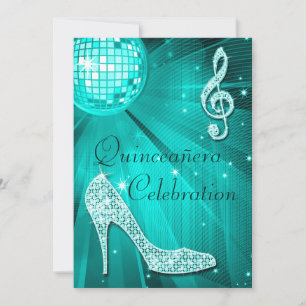 Convite Disco Ball e Sparkle Heels Teal Quinceañera