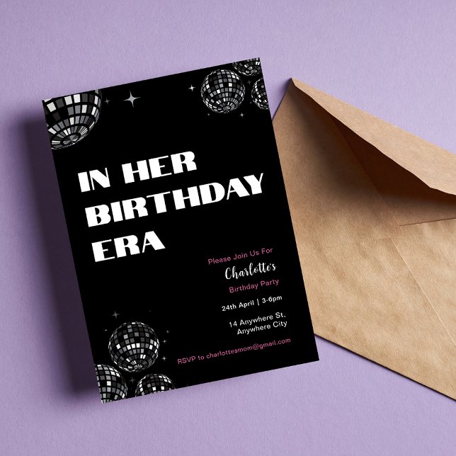 Convite Disco Ball Em Seu Sinal De Boas-Vindas Na Era De A (In Her Birthday Era Birthday Party Invitation in Black and Pink)