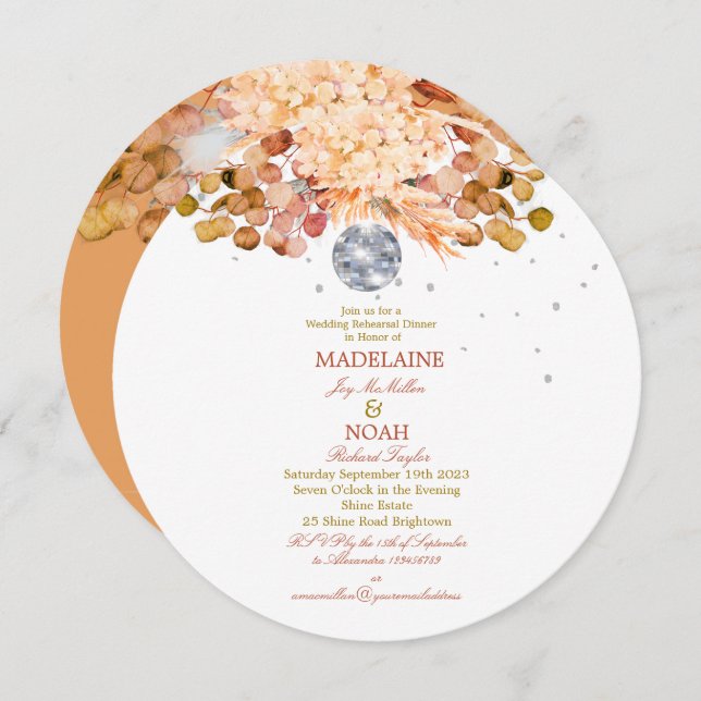 Convite Disco Ball Floral Elegante Laranja Ensaio de Casam (Frente/Verso)