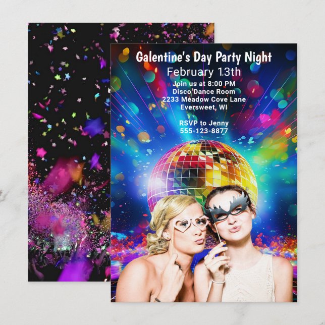 Convite Disco Ball Galentine Day Girls Party Night (Frente/Verso)