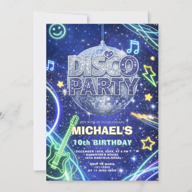 Convite Disco Ball Neon Space Kids Birthday Party Invite (Frente)