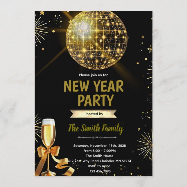 Convite Disco Ball New Year's Eve invitation (Frente)