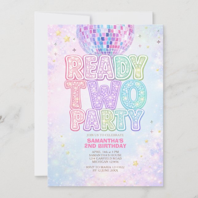 Convite Disco Ball Pastel Rainbow Toddler Birthday Party  (Frente)