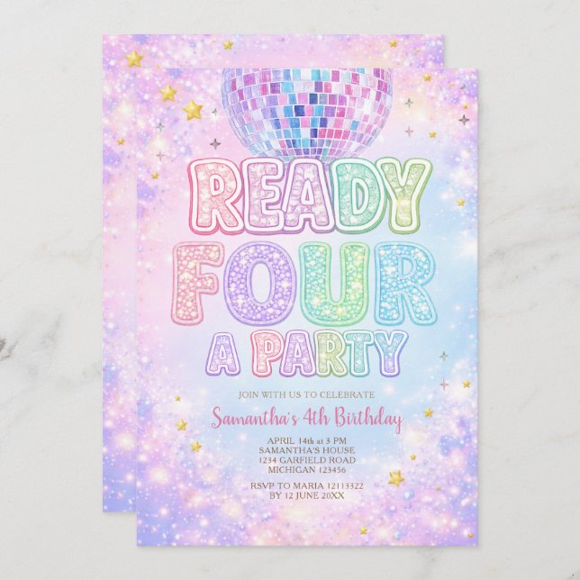 Convite Disco Ball Ready FOUR a party  Birthday (Frente/Verso)