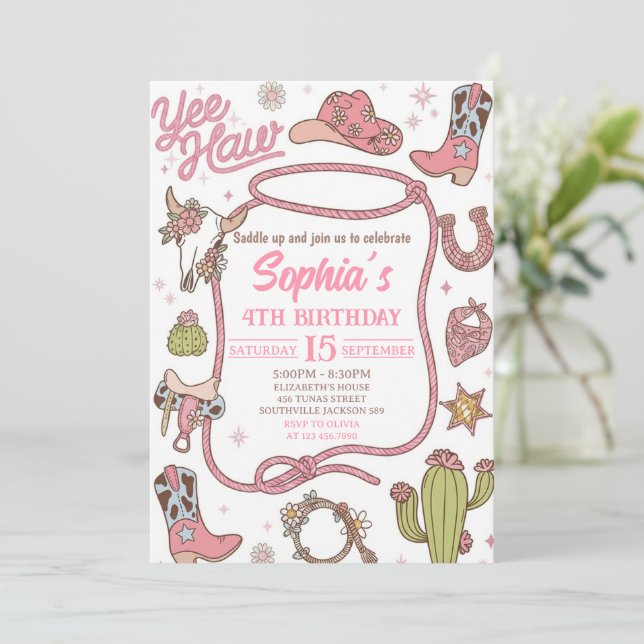 Convite Disco Cowgirl Nashville Pink Rodeo Birthday Party (Em pé/Frente)