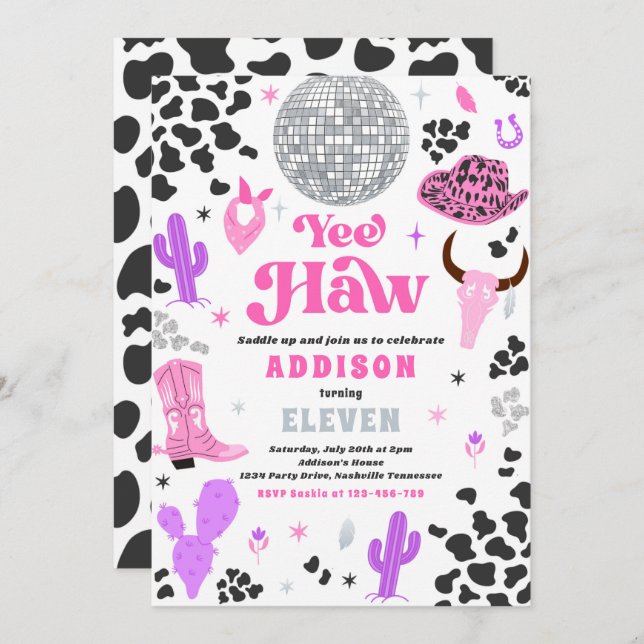 Convite Disco Cowgirl Nashville Pink Rodeo Festa de aniver (Frente/Verso)