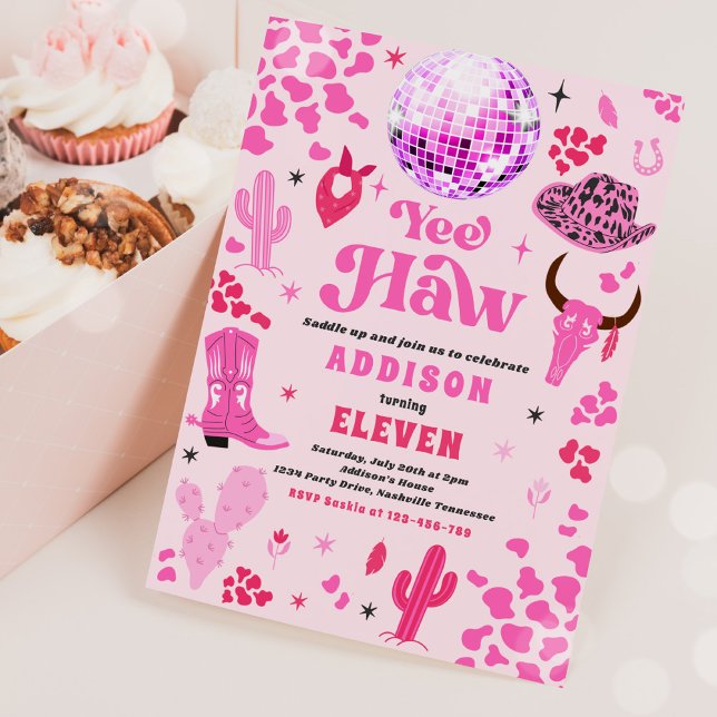 Convite Disco Cowgirl Nashville Pink Rodeo Festa de aniver (Criador carregado)