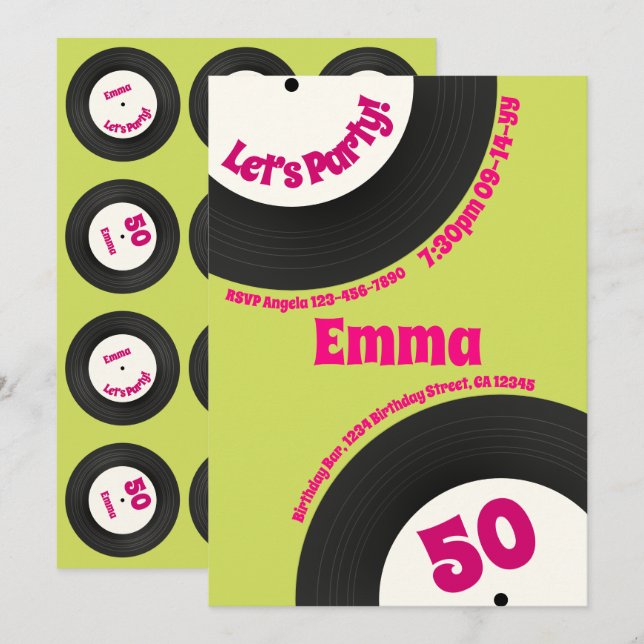Convite Disco de aniversário de 50 anos personalizado colo (Frente/Verso)