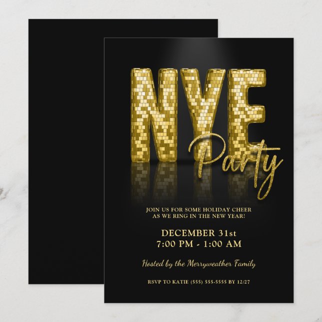Convite Disco de Partido da Véspera de ano novo de Vidro D (Frente/Verso)