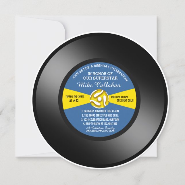 Convite Disco de Vinil 45 Rotações Blue Label Aniversário (Frente)