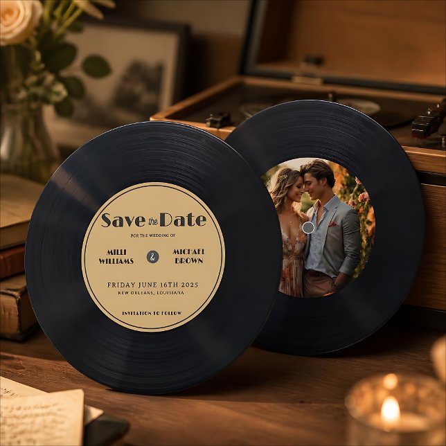Convite Disco de Vinil Antigo Salve a Data Com Foto  (Criador carregado)