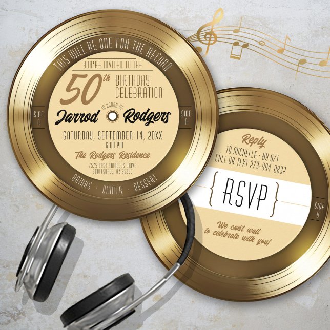 Convite Disco de Vinil Dourado Festa de Música Retrô de 50 (Fun Elegant Unique gold vinyl record round music theme side A side B 50th birthday party invitation )