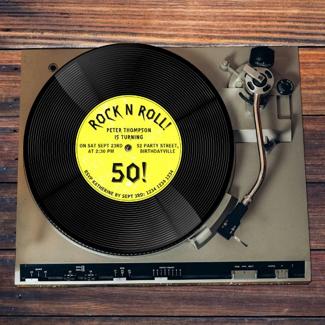 Convite Disco de Vinil Retro Rock N Roll Amarelo Aniversár (Retro Vinyl Record Rock N Roll Yellow Birthday Invitation)