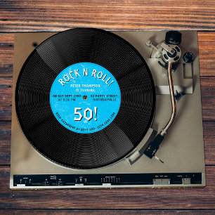 Convite Disco de Vinil Retro Rock N Roll Azul de Aniversár