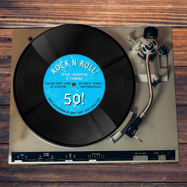 Convite Disco de Vinil Retro Rock N Roll Azul de Aniversár (Retro Vinyl Record Rock N Roll Blue Birthday Invitation)