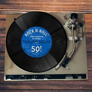 Convite Disco de Vinil Retro Rock N Roll Azul de Aniversár