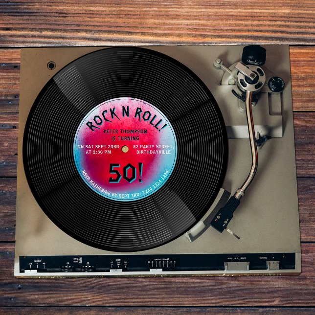 Convite Disco de Vinil Retro Rock N Roll Azul Vermelho Ani (Retro Vinyl Record Rock N Roll Blue Red Birthday Invitation)