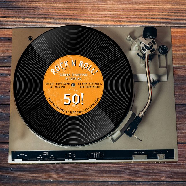 Convite Disco de Vinil Retro Rock N Roll Laranja Aniversár (Retro Vinyl Record Rock N Roll Orange Birthday Invitation)