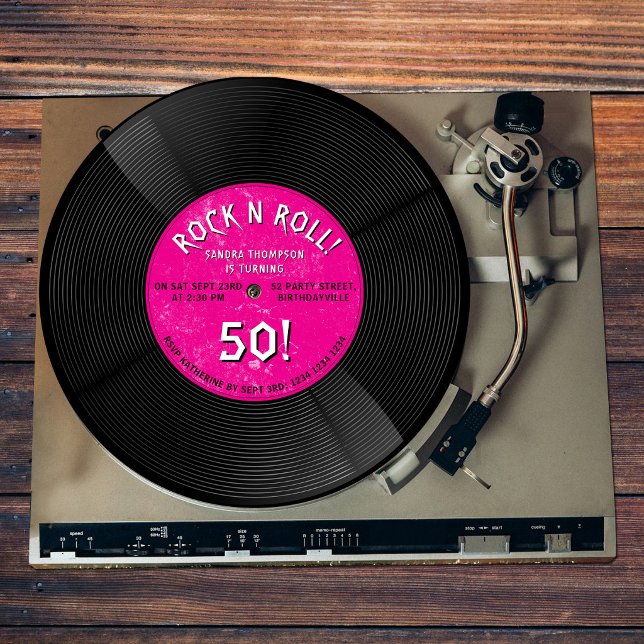 Convite Disco de Vinil Retrô Rock N Roll Rosa Aniversário (Retro Vinyl Record Rock N Roll Pink Birthday Invitation)