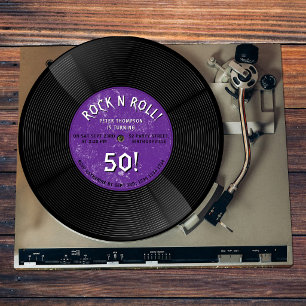 Convite Disco de Vinil Retro Rock N Roll Roxo Aniversário