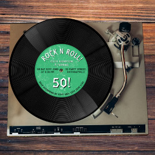 Convite Disco de Vinil Retro Rock N Roll Verde Aniversário