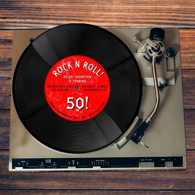 Convite Disco de Vinil Retro Rock N Roll Vermelho Aniversá (Retro Vinyl Record Rock N Roll Red Birthday Invitation)