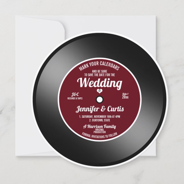 Convite Disco de Vinil Retro Vinho Tinto Casamento Salve a (Frente)