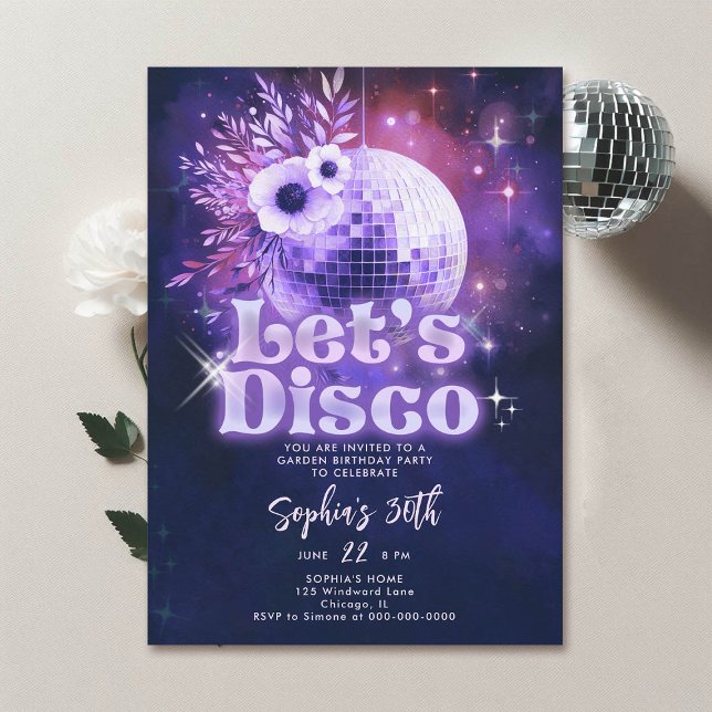 Convite Disco Garden Party 70s Retro Purple aniversário de (disco garden party 30th birthday invitation groovy 70s ball floral purple pink lavender)