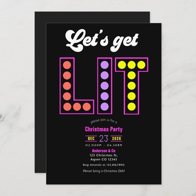 Convite Disco Garland Let's Get Lit Retro Christmas Party (Frente/Verso)