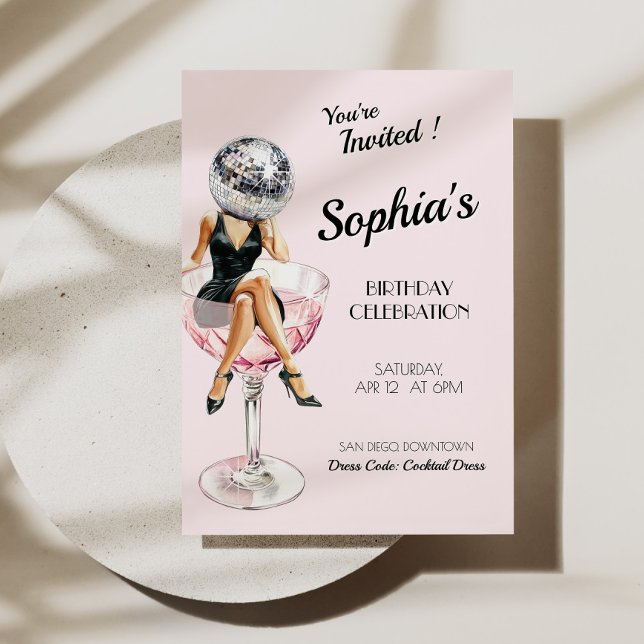 Convite Disco Girl In Martini Glass Birthday Convide (Disco Girl In Martini Glass Birthday Invite)