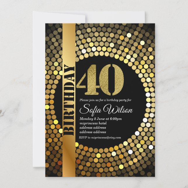 Convite Disco partidário, ouro, 70, festa de aniversário (Frente)