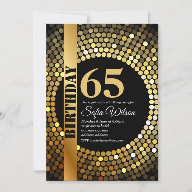 Convite Disco partidário, ouro, 70, festa de aniversário (Frente)