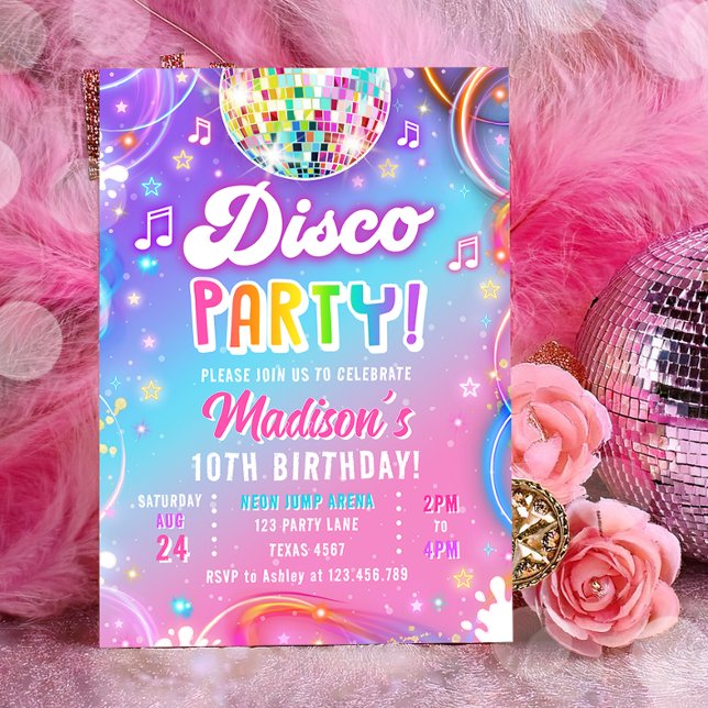 Convite Disco Party Neon Retro Glow Crazy Girl Birthday (Criador carregado)