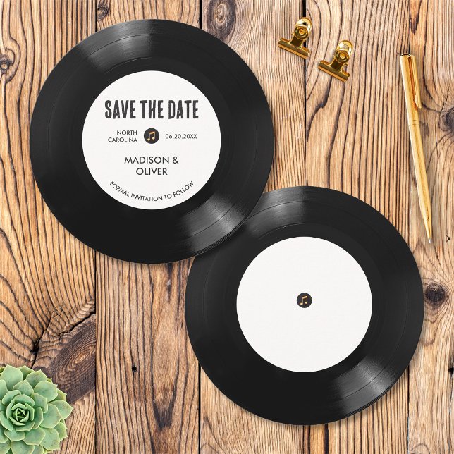 Convite Disco Preto e Branco de Vinil Salve a Data  (Front/Back)