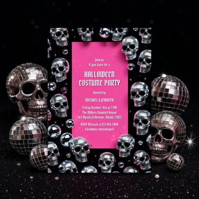 Convite Disco Skull Pink Glam Halloween Festa de Figurino (Disco Skull Pink Halloween Costume Party – Glam Spooky Chic)