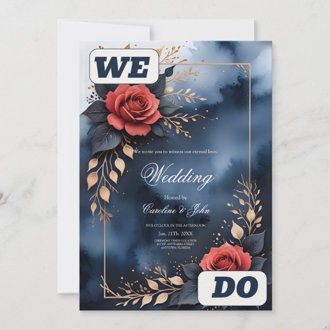 Convite Disposição Elegante de rosa com folhagem de ouro (Frente)