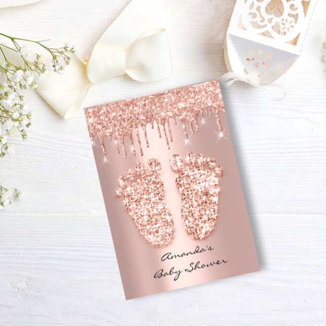 Convite Dissipadores com brilho Rosa com pés de Chá de fra (Spark Glitter Drips Rose Gold Baby Shower Feet Invitation)