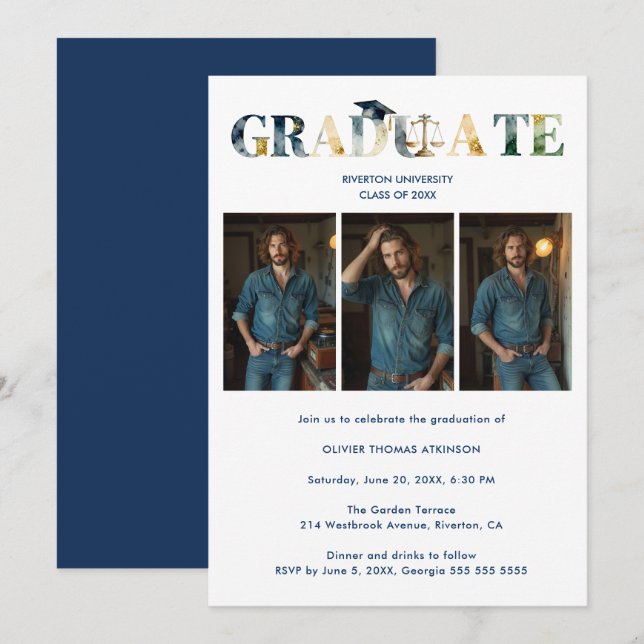Convite Distinguished Navy Blue Grad Law 3-Photo Layout (Frente/Verso)