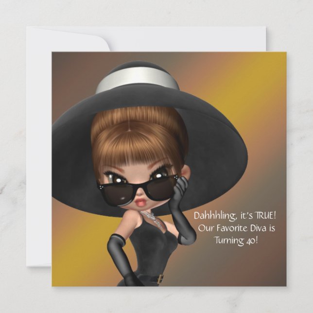 Convite Diva Favorita Diversão Festa Negra de aniversário  (Frente)