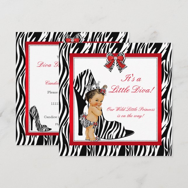 Convite Diva Princesa Menina Zebra Chá de Bebê Morena (Frente/Verso)