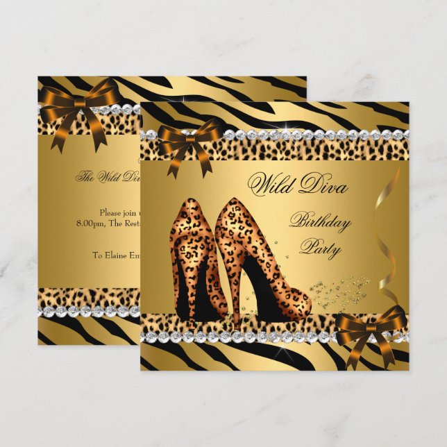 Convite Diva Selvagem Leopard Zebra Saltos Altos Festa de  (Frente/Verso)