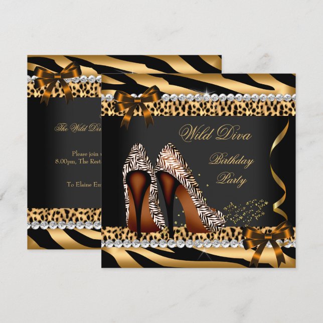 Convite Diva Selvagem Leopard Zebra Saltos Altos Festa de  (Frente/Verso)