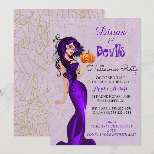 Convite Diva Sexy de Halloween com Máscara Segurando Abóbo (Frente/Verso)