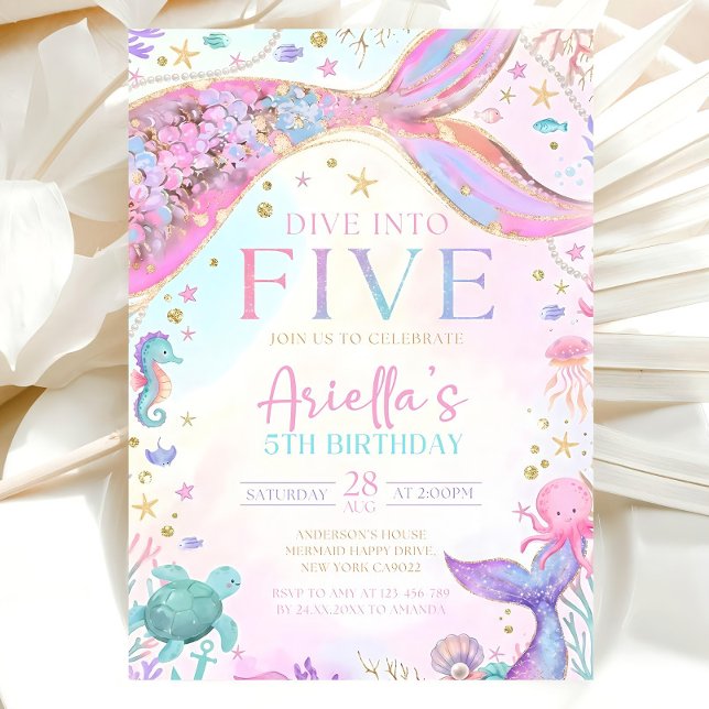 Convite Dive into Five 5th Birthday Mermaid Invitation, Me (Criador carregado)